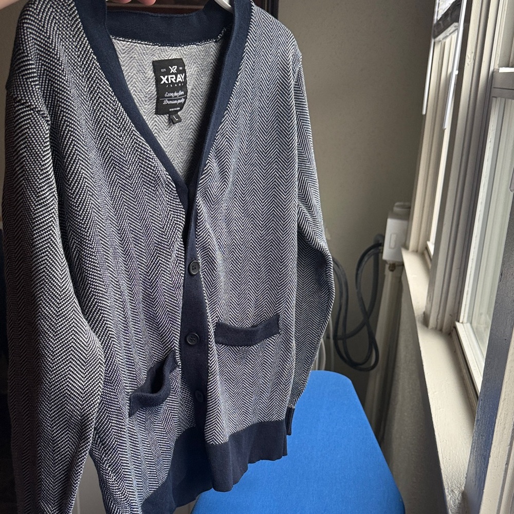 X-RAY Jeans Men's Classic Navy Blue Chevron Cardigan Sweater